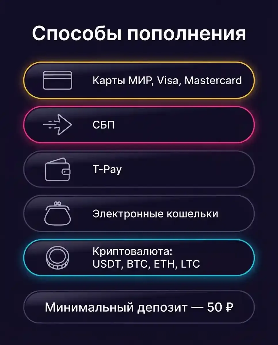 Способы пополнения: карты, СБП, T-Pay, кошельки, криптовалюта — инфографика